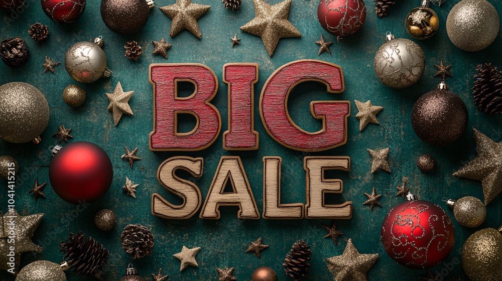 Poster a vibrant green background adorned with christmas ornaments and stars featuring big sale in elegant 