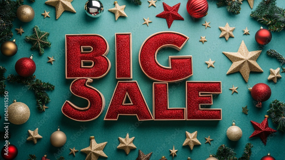 Poster a vibrant green background adorned with christmas ornaments and stars featuring big sale in elegant 