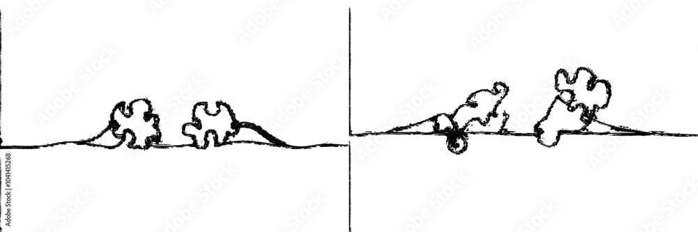 Poster a modern illustration of two connected puzzle pieces with a continuous line drawn. jigsaw puzzle ele