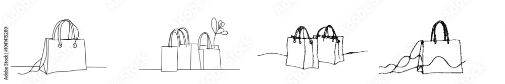 Aufkleber continually drawn shopping bag on white background in linear style. minimalist black sketch with whi