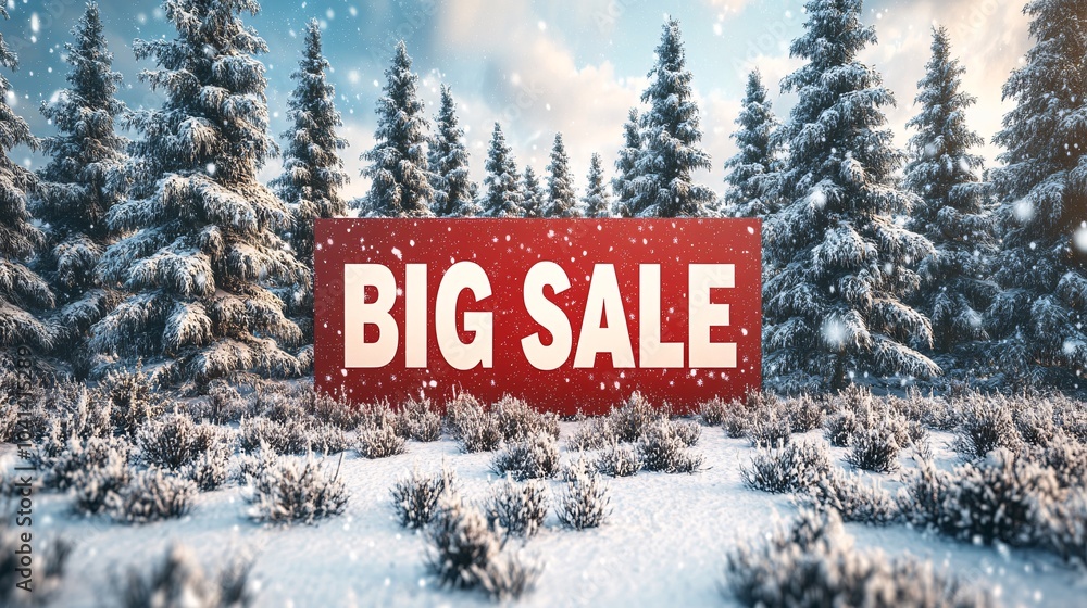 Poster a snowy landscape with fir trees in the background and a bold red big sale banner stretching across 