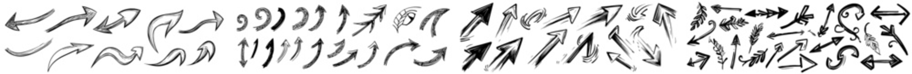 A hand drawn arrows doodle set on a white background with hand drawn sketch symbols. Modern illustration graphic design elements for your projects.