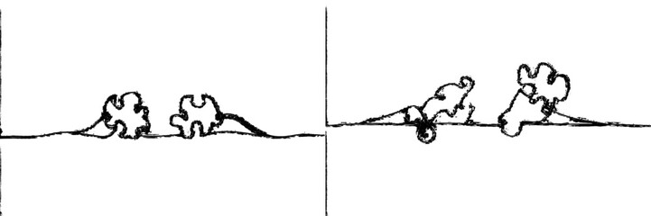 A modern illustration of two connected puzzle pieces with a continuous line drawn. Jigsaw puzzle element.