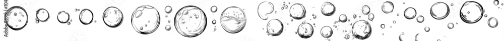 Poster collection of hand drawn frothy soap bubble shapes on transparent background.