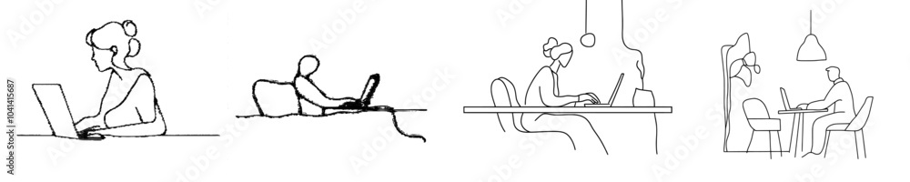 Aufkleber an illustration of a man working on a laptop at a table in one line. trendy one line design graphic 
