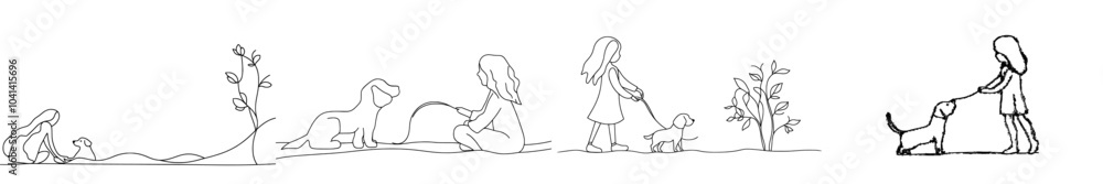 Aufkleber in continuous line art style, a small girl squats down to sniff a flower. black linear sketch isolat
