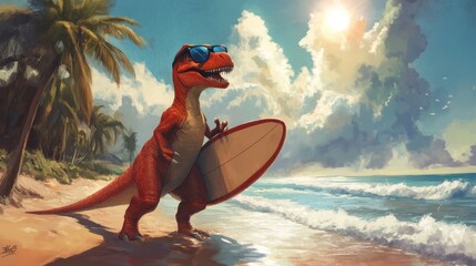 A red dinosaur wearing sunglasses holds a surfboard on a tropical beach with palm trees and blue sky.