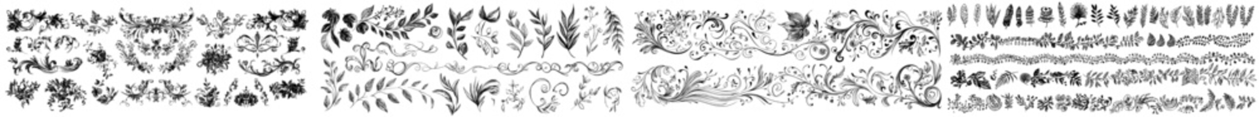 Fototapeta premium Drawing of dividers, leaves, and flourishes in doodle style