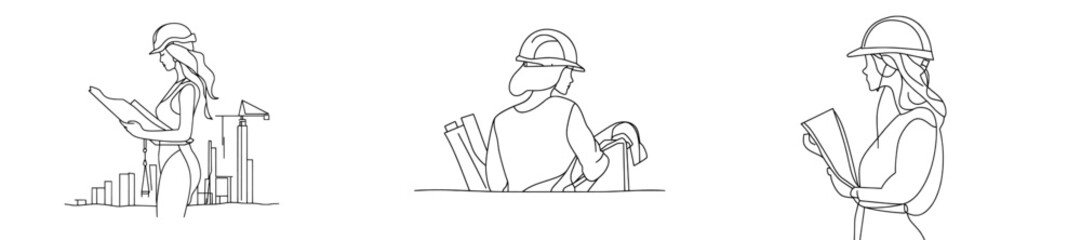 Obraz premium Continuity drawing of young female architect holding blueprint paper. Professional work job occupation. Modern graphic design minimalist concept.