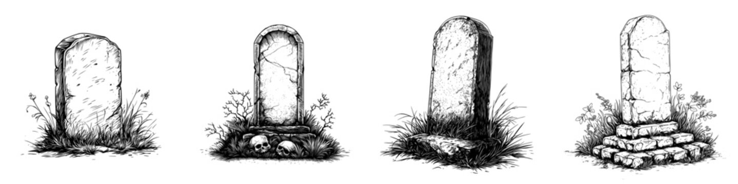 Ancient religious tombstone sketch of an upright gravestone. Vintage outlined hand-drawn modern illustration of a medieval headstone isolated on white.