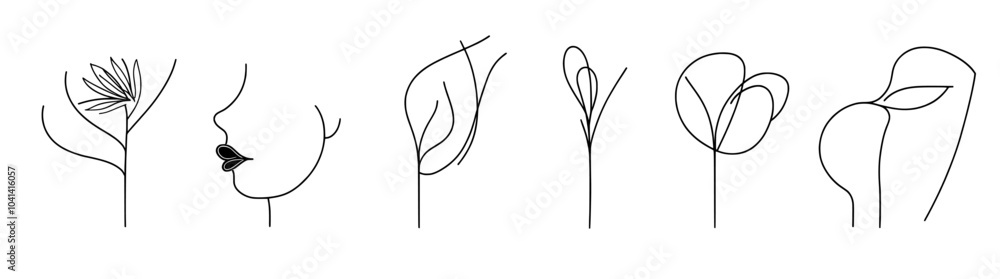 Poster the set of modern abstract line minimalistic women faces is characterized by different geometric fig