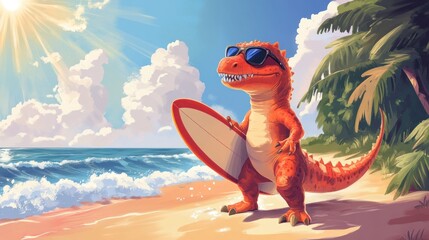 A cartoon dinosaur wearing sunglasses stands on a beach with a surfboard, ready to surf.