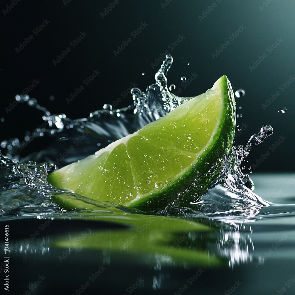 Poster a lime wedge splashing into water creating a crown of droplets.