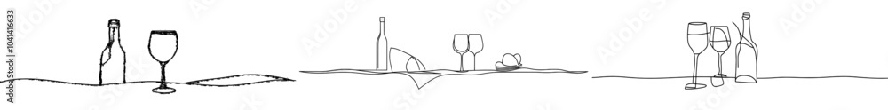 Poster a continuous line drawing of a wine glass and bottle with a continuous line. modern illustration.