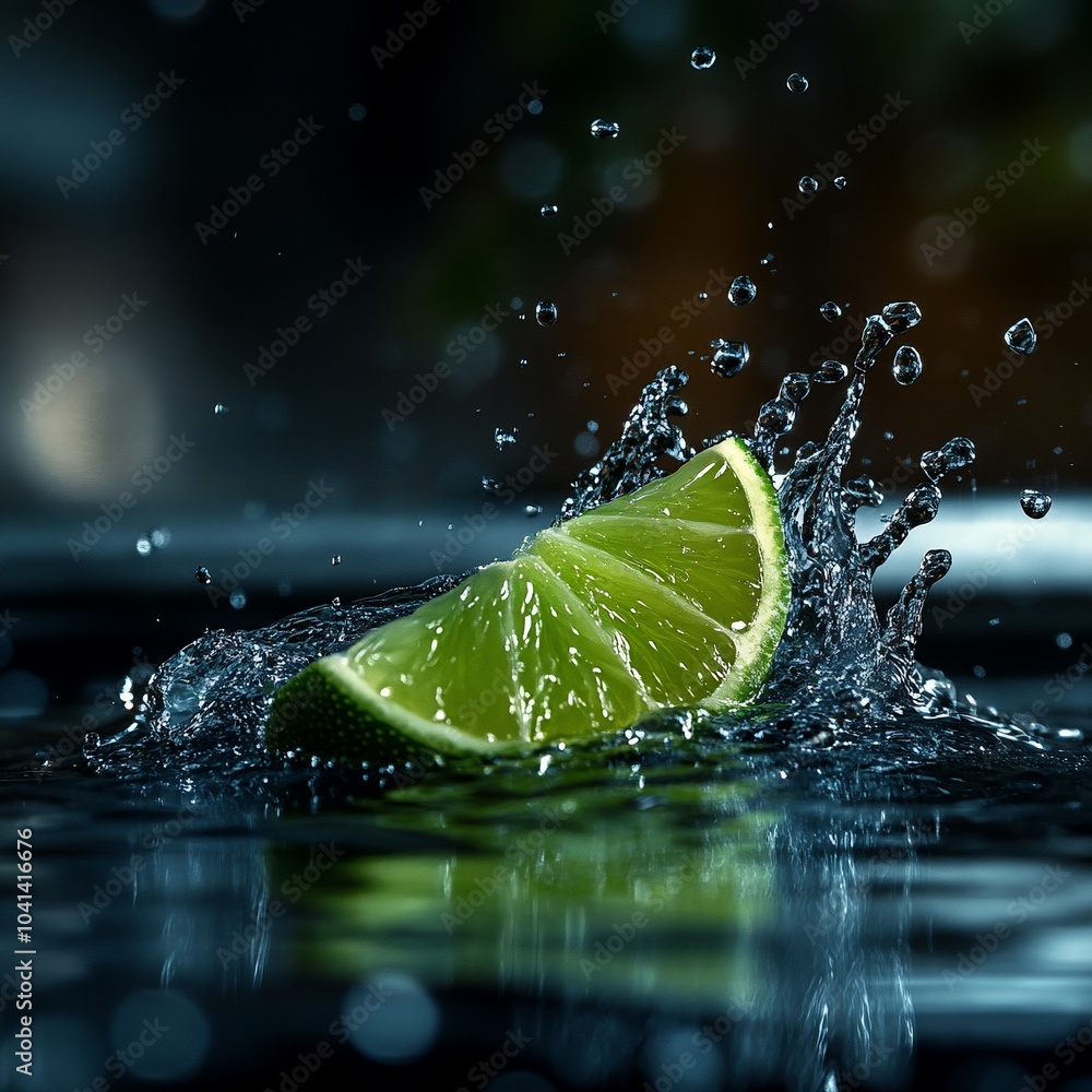 Aufkleber a lime wedge splashing into water, creating a burst of droplets.