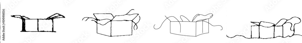 Poster an illustration of a continuous one-line drawing of a cardboard box with a shipping label. similar t