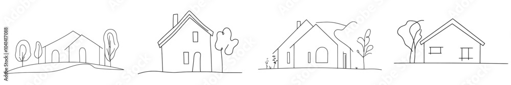 Leinwandbilder A modern house drawn in continuous line art style. An architectural model of a black linear building isolated on white.
