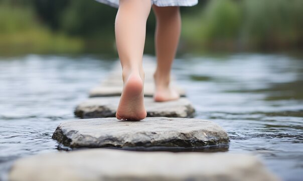 Girl walking barefoot on stepping stones by the lake, Generative AI