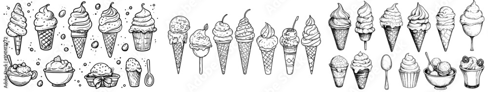 Aufkleber An outline set of icons featuring ice cream with soft creamy balls in a cup and a waffle cone. A handdrawn illustration of chocolate and vanilla ice cream sundae with a black line background.