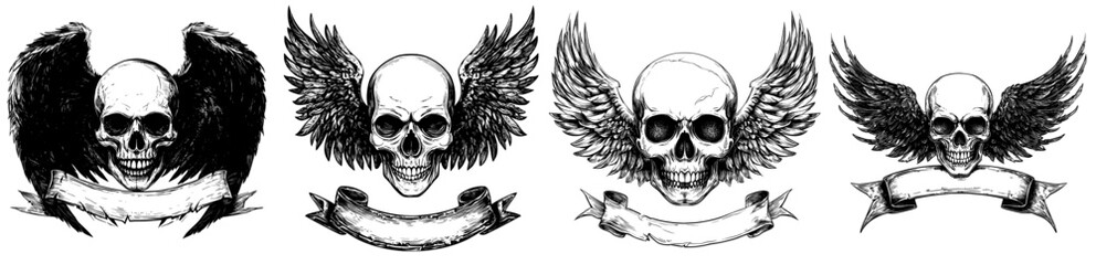 Obraz premium An illustration of a human skull with wings suitable for use in a logo, mascot merchandise, t-shirt designs, stickers, labels, posters, greeting cards, and advertising campaigns.