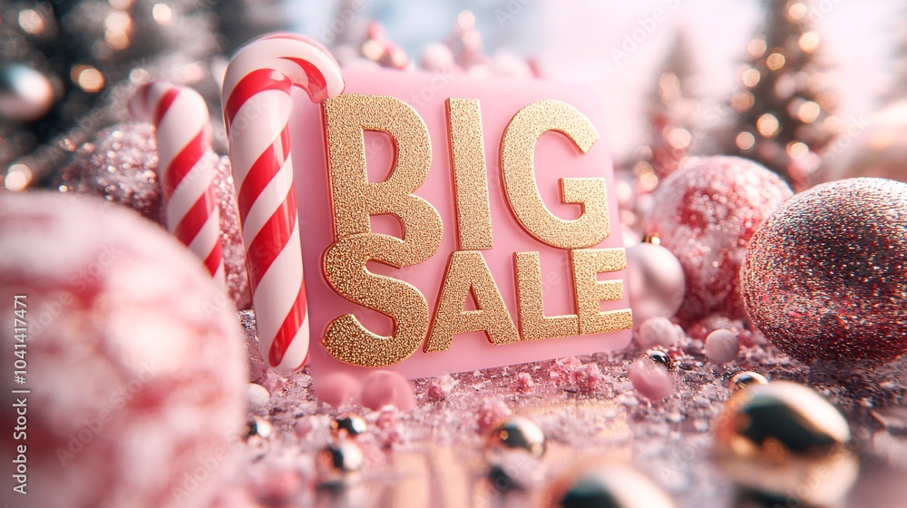 Poster a bright background with candy canes and christmas baubles framing big sale in golden script stock p