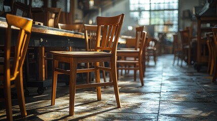 A single wooden chair stands out in the middle of a room filled with chairs, bathed in soft sunlight, creating a warm and inviting atmosphere.