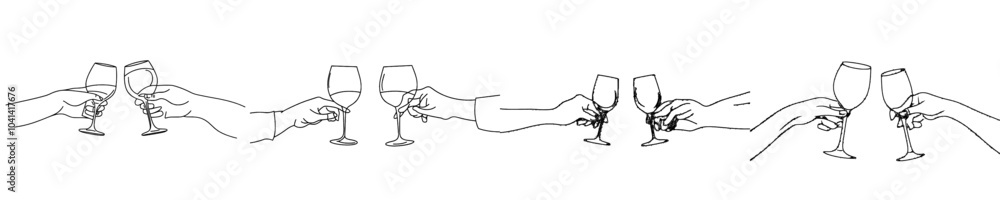 Poster It is a hand drawn one line art that consists of continuous drawing contours. It is a cheers toast festive decoration for holidays, a romantic Valentine's Day design with editable strokes. It is