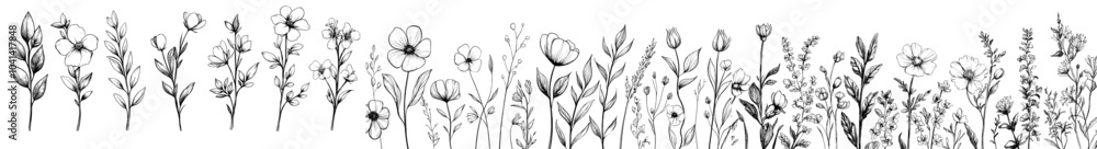 Aufkleber set of modern plants with clover and flowers on isolated background. hand drawn in monochrome black 