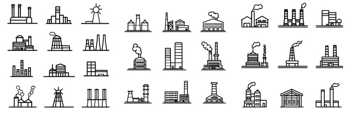 Obraz premium Icons related to industrial buildings. Includes monochrome icons such as factories, warehouses, bridges, airports, nuclear power plants, and more.