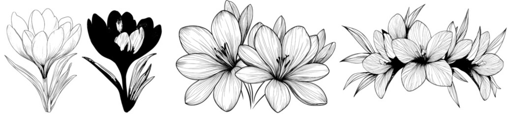 Saffron flower sketch illustration isolated on white background. Packaging design, label, banner, poster, icon. Coloring page.