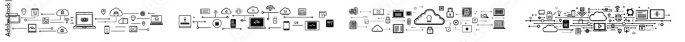 Poster Collection of data exchange symbols. Symbols and logos representing data conversion or data exchange.