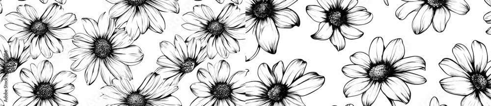 Poster an ink brush texture with flowers hand drawn on a seamless pattern.
