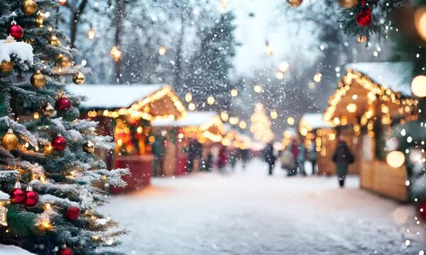 blurred background christmas market on snowy winter day