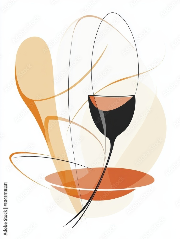 Poster The artwork showcases minimalistic spoon and cup shapes, blending warm colors and flowing lines to create a harmonious abstract presentation. Generative AI