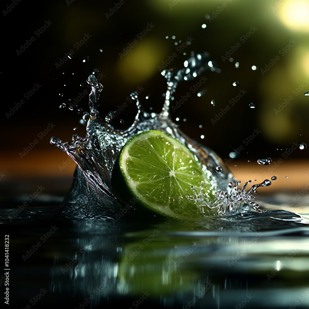 Poster lime splashing into water creating a crown of droplets.