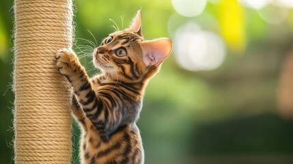Bengal cat scratching a vertical post