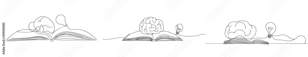 Aufkleber one line painting depicting the idea of modern education and literature with a brain and light bulb.