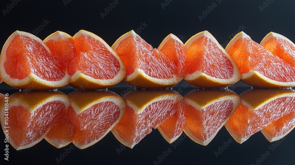 Poster grapefruit slices arranged on a mirrored surface creating an interesting reflection space available 