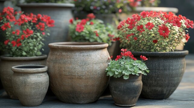 A variety of weathered plant pots in different sizes featuring some with red flowers and others left empty