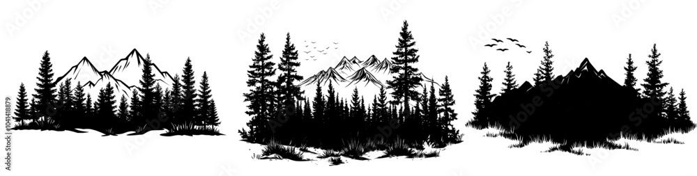 Poster the forest is a monochrome flat modern object. its environment is woodland with trees. the icon is e