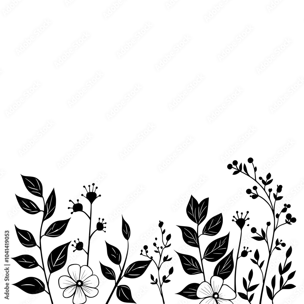 Poster Blank background with hand-drawn wild flowers, template for wedding decoration.