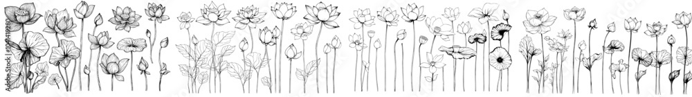 Poster the lotus modern set features a black and white etched illustration of a water lily in outline style