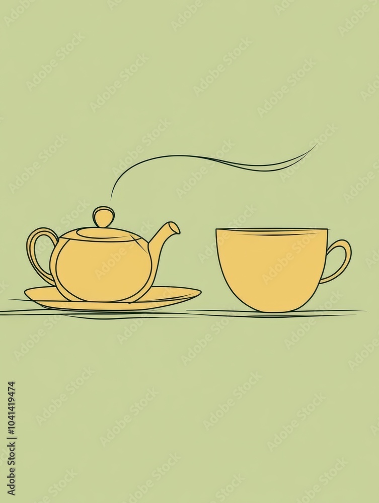 Poster A simple line art design features a teapot and cup, creating a tranquil atmosphere against a calming green backdrop. Generative AI