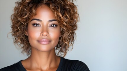 Fototapeta premium Confident and cheerful young African American woman with curly hair posing casually in a white t shirt against a plain white background for a lifestyle portrait shot