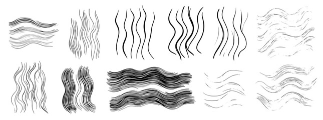Rough charcoal strokes. Collection of modern grunge brushes. Modern horizontal chalk lines drawn by hand. Set of black brush lines on white background.