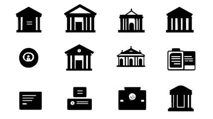 An icon set including bank icons, wallet, online banking, loans, ATMs, investment icons in a modern design, solid icons in a trendy style