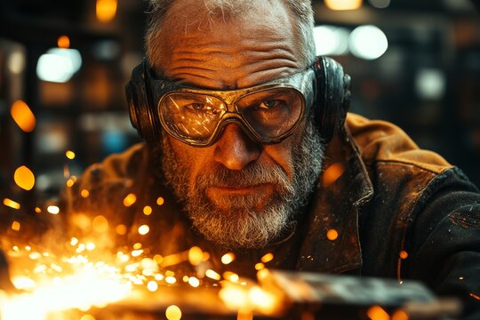 A locksmith in action, skillfully using an angle grinder on a piece of metal. Generative AI