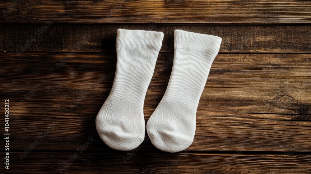 Poster a neatly arranged pair of white socks rests on a wooden table serving as a mockup template for desig