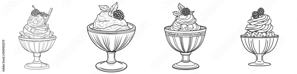 Aufkleber Drawing of ice whipped cream raspberry dessert. For use in a restaurant or bar menu.