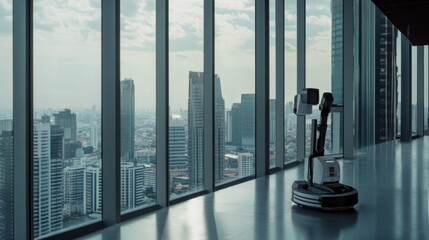 A robot cleaning windows on a skyscraper, urban and high-rise setting with cityscape views, Service Robotics style